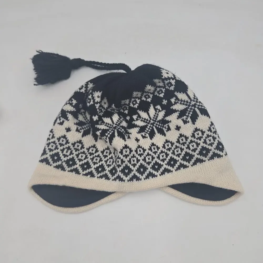 Vtg IGLOOS 100% Wool Nordic Ski Hat Black Tassel Scandinavian Fair Isle Youth